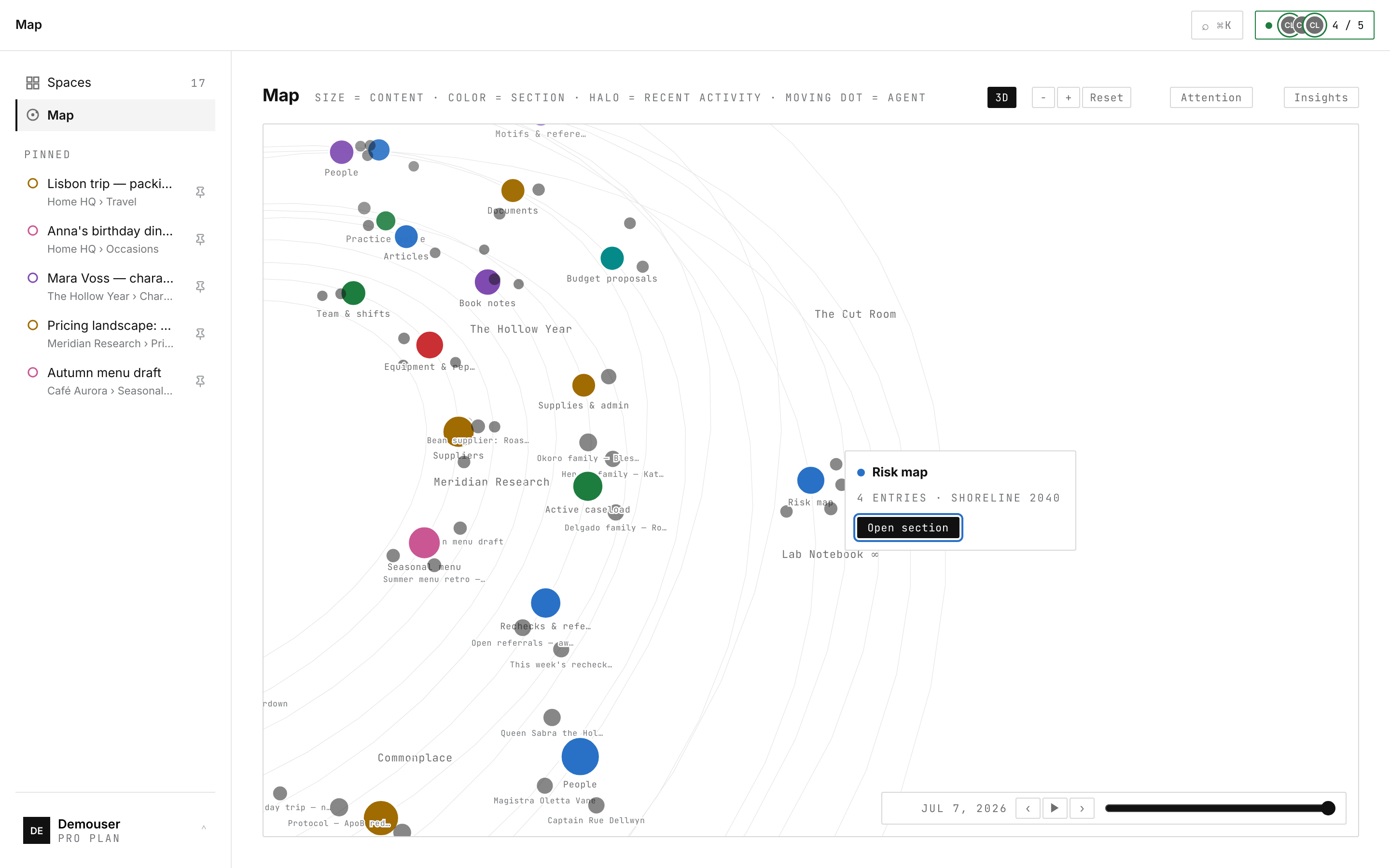 The knowledge map in 3D, flown to Shoreline 2040's Risk map section — four modelled entries on their orbit, one click from opening the section.