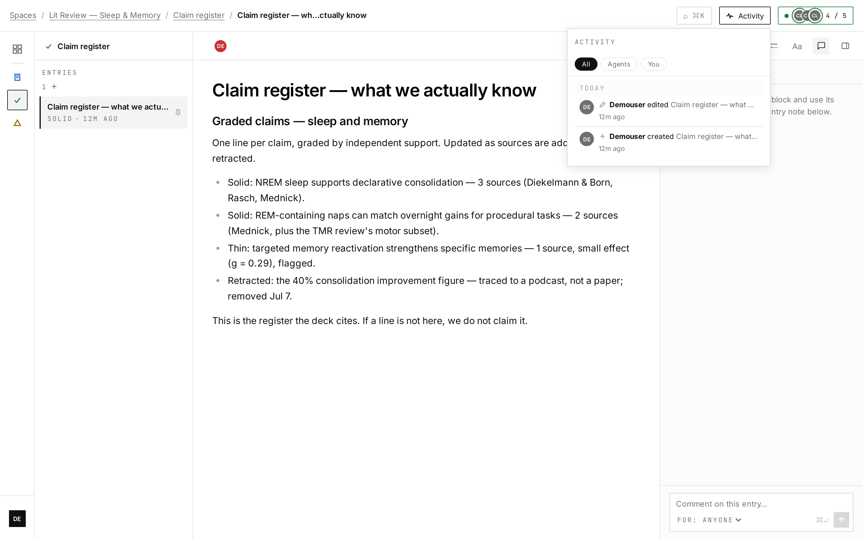 The register's own audit trail: who touched it, when — softening included.