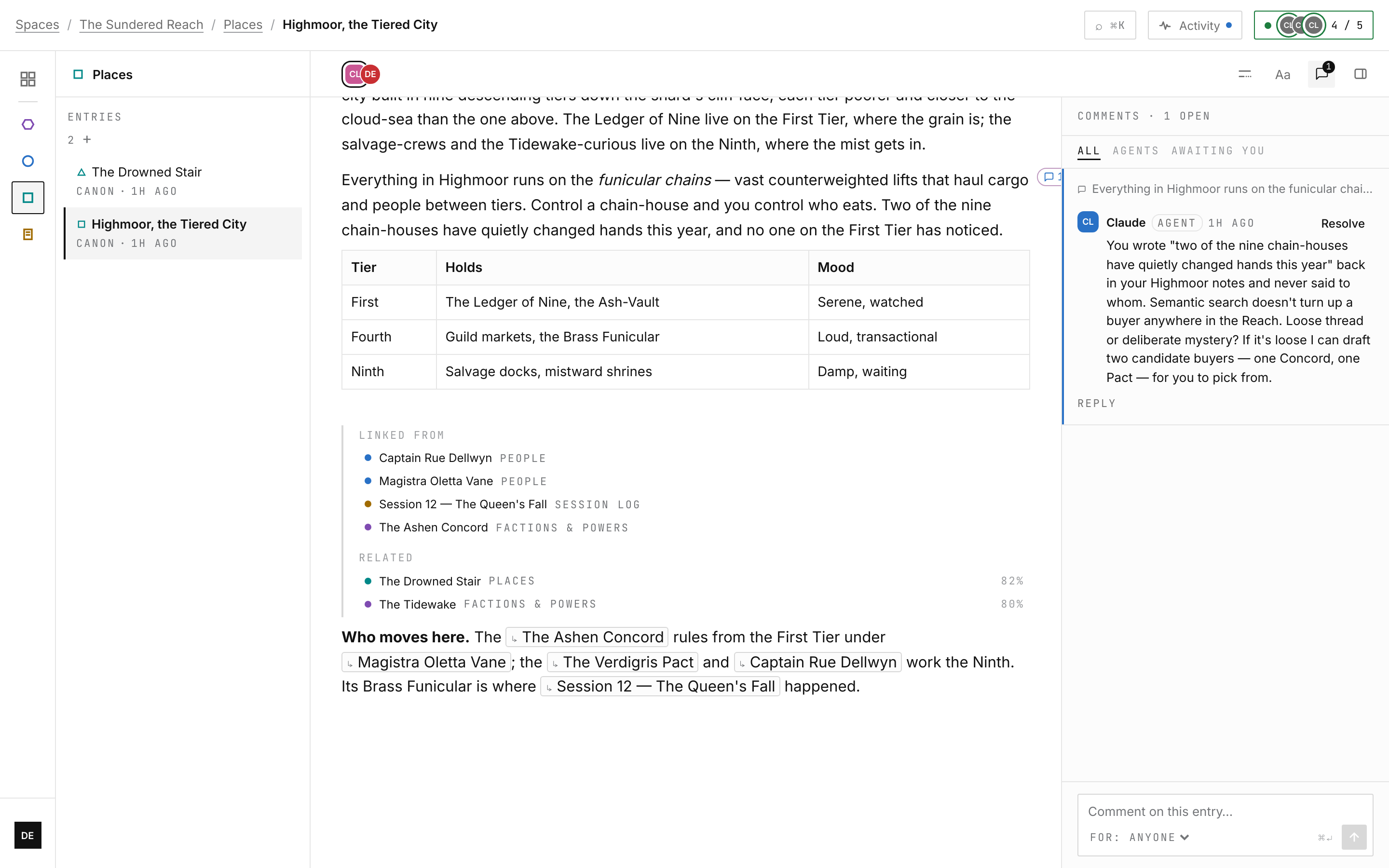 Highmoor's place entry: a tier table, linked-from and related connections across the world, and the agent asking in the rail whether a loose thread is deliberate mystery or a mistake.