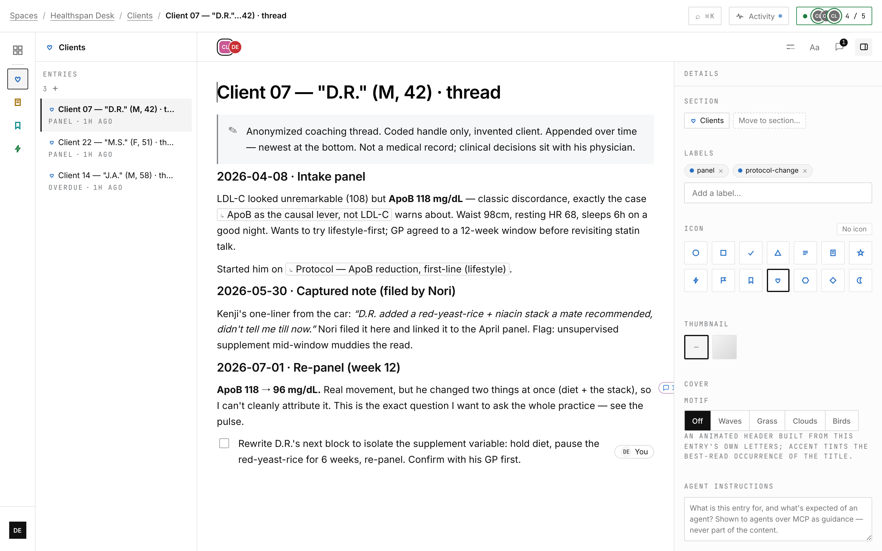 A client thread with the Details rail open — labels, icon, thumbnail styling, and the standing agent instructions that guide what the agent does with this entry.