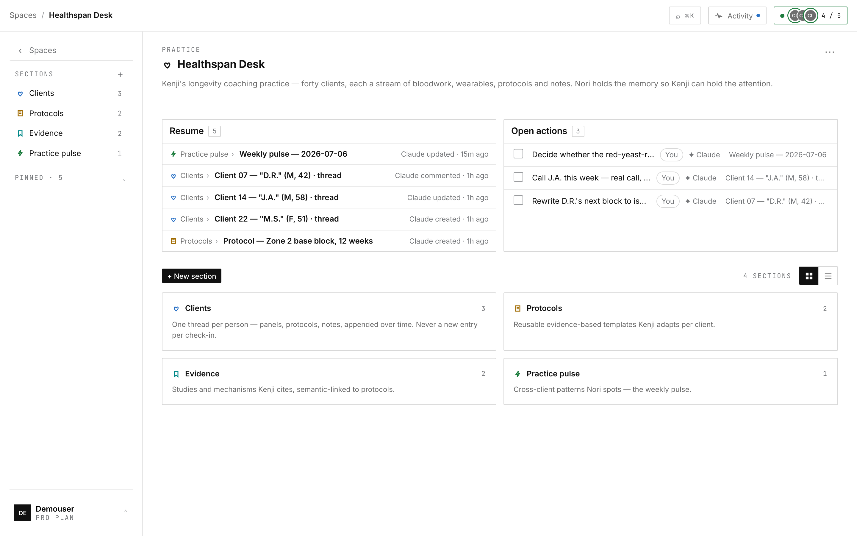 Healthspan Desk — anonymized client threads, protocols, evidence and a weekly practice pulse.