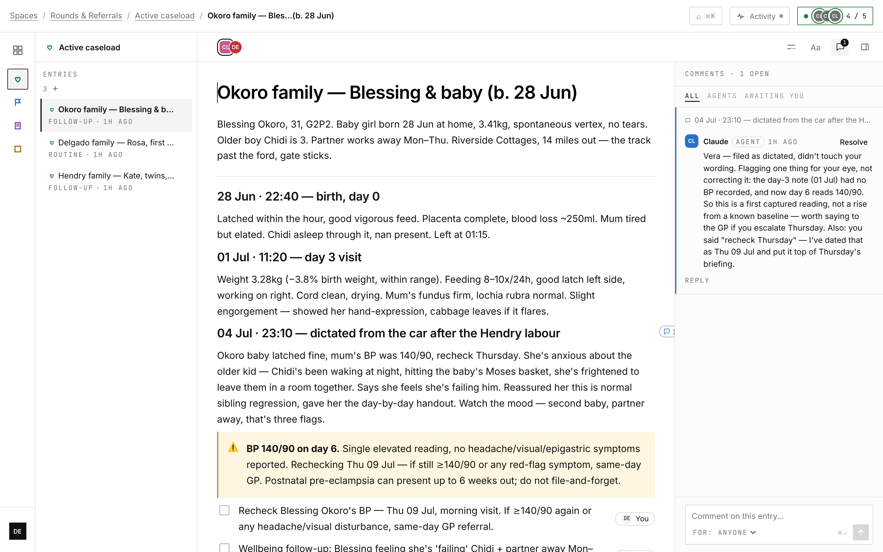 An open family record: dictated visit notes in the midwife's own words, a BP red-flag callout, checkable follow-up actions, and the agent's filing note in the comment rail.