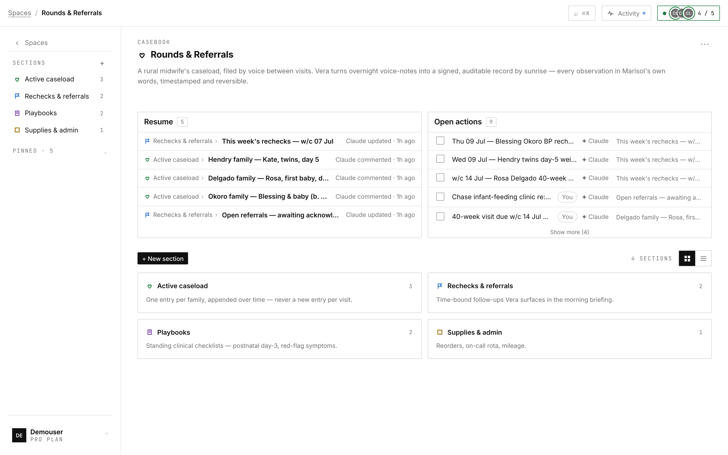 Rounds & Referrals — a rural midwife's caseload space: active families, rechecks & referrals and playbooks as sections, with the resume trail and open actions surfaced at the top.