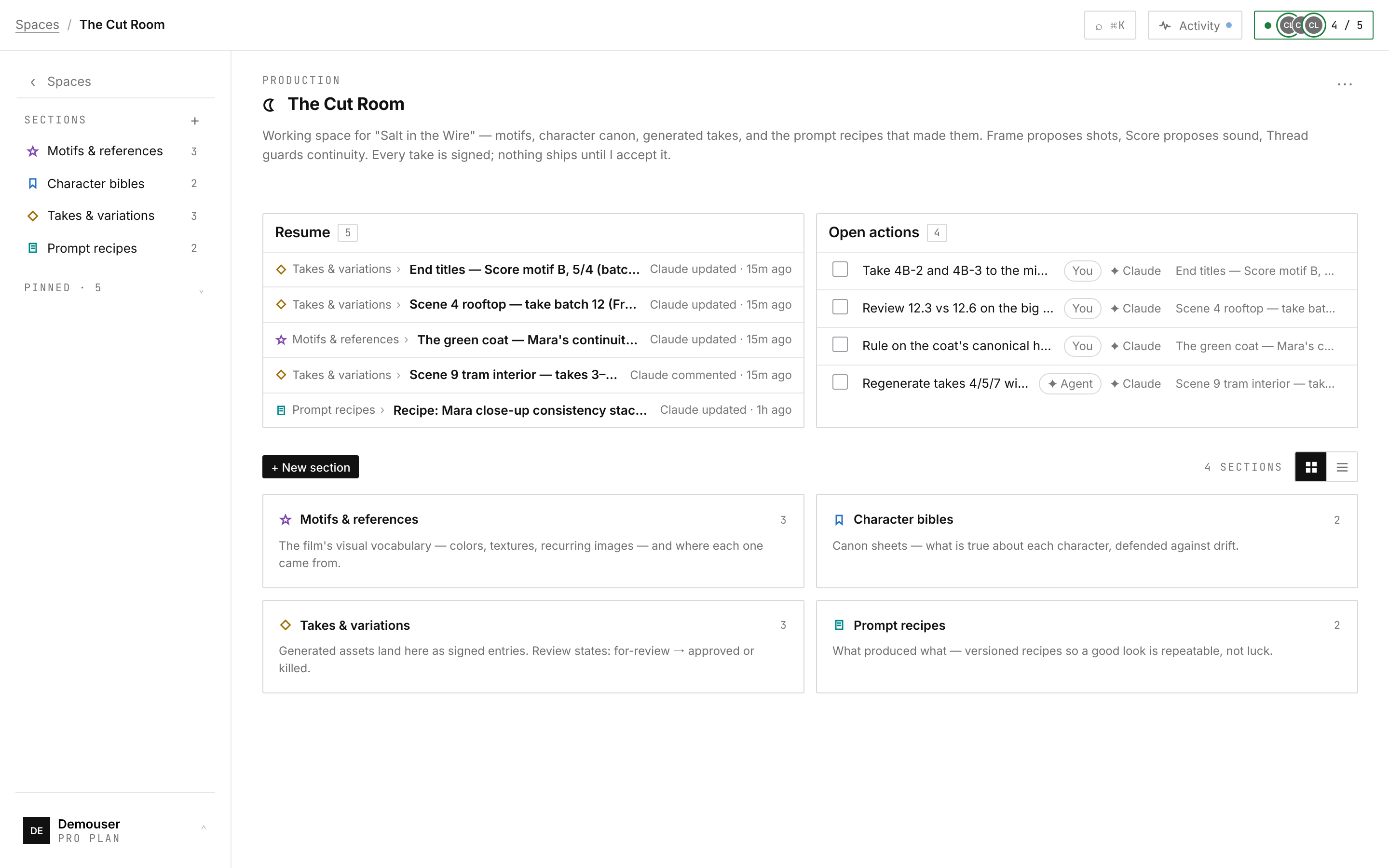 The Cut Room — motifs, character bibles, generated takes and versioned prompt recipes; review actions from three agents wait at the top, and nothing ships until the director accepts it.