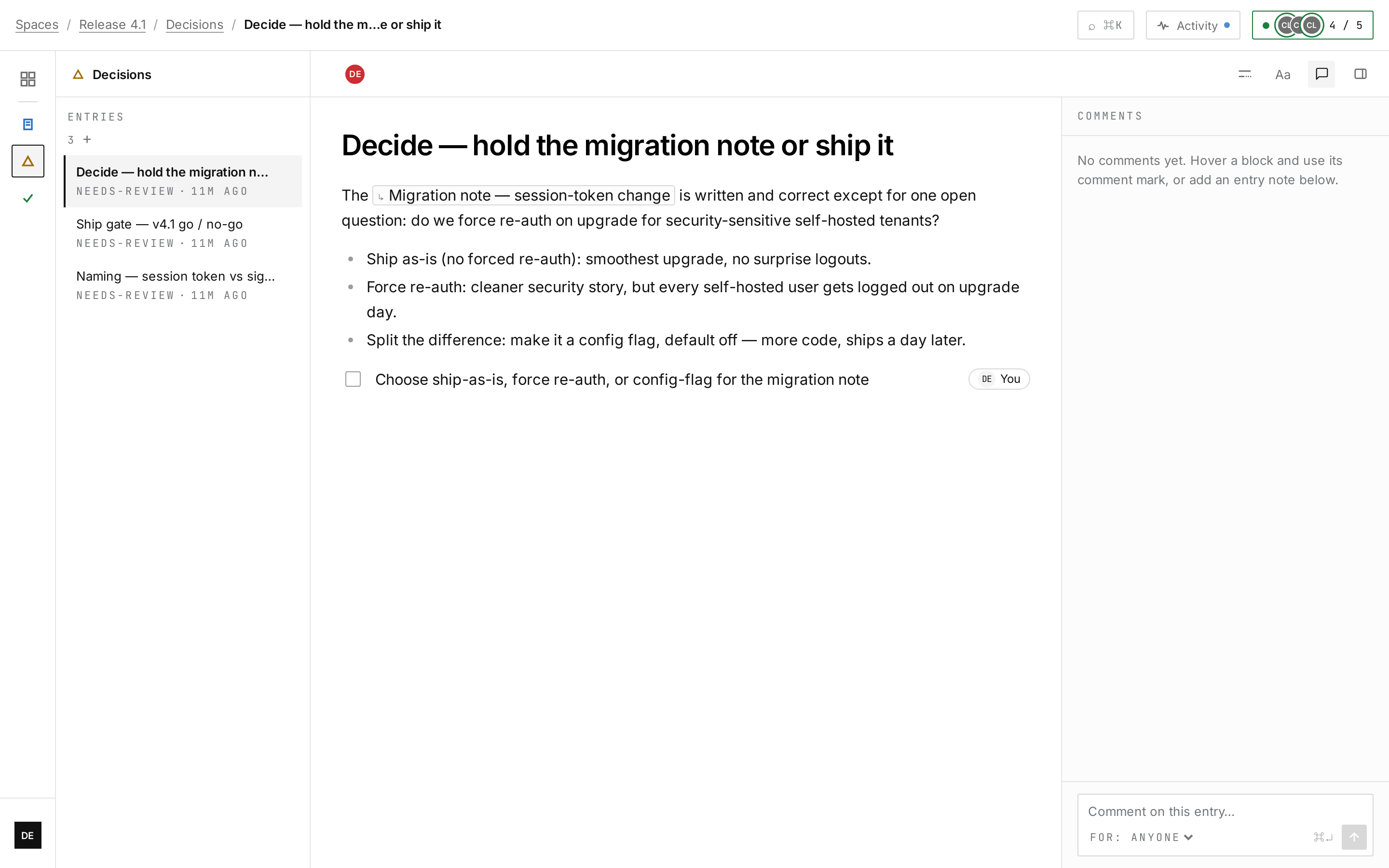 The judgment call stays human: an owner-assigned decision gates the migration note, with the linked draft one click away.