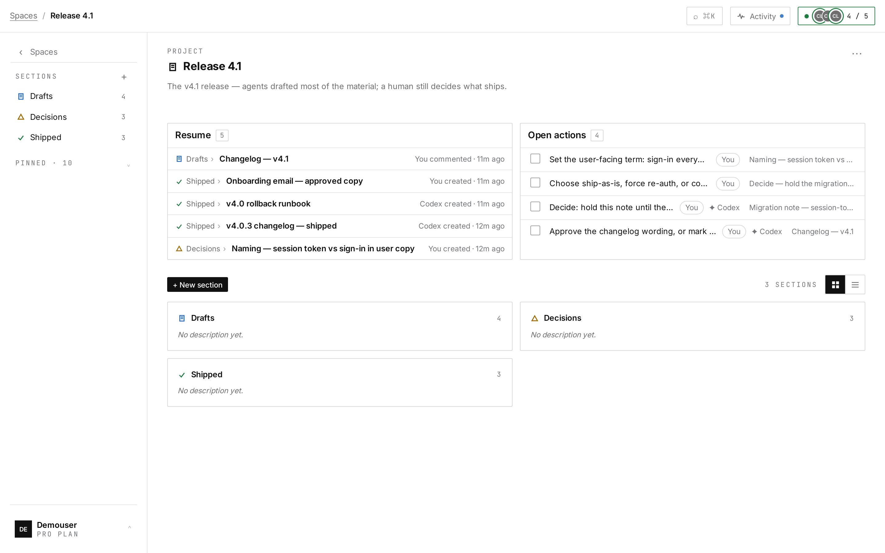 The whole release at a glance — drafts, decisions, shipped — every entry signed by whoever wrote it.