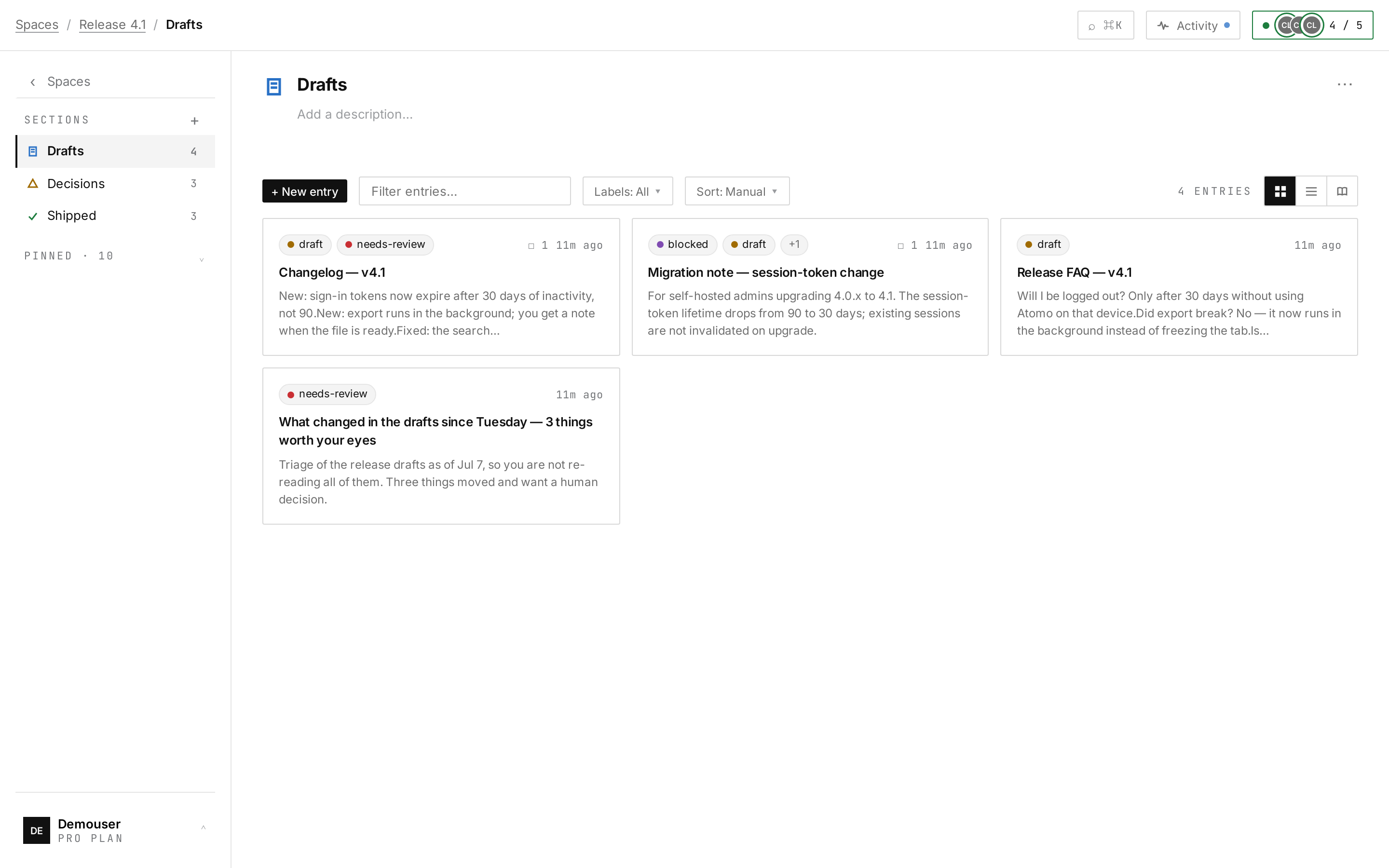 The Drafts section as a review queue: agent-authored release material, labeled draft and needs-review, waiting for human judgment.