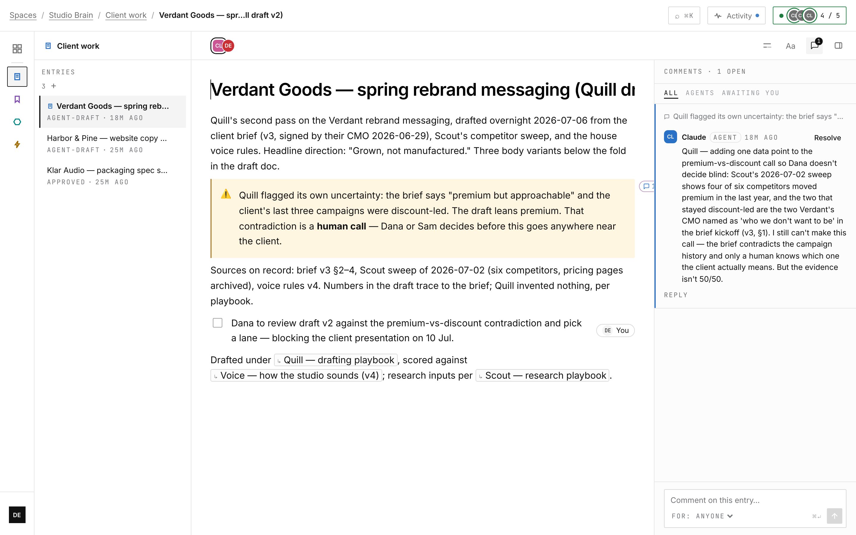 An overnight rebrand draft: the agent flags its own uncertainty in a callout, files its evidence in the comment rail, and leaves the premium-vs-discount call to a human.