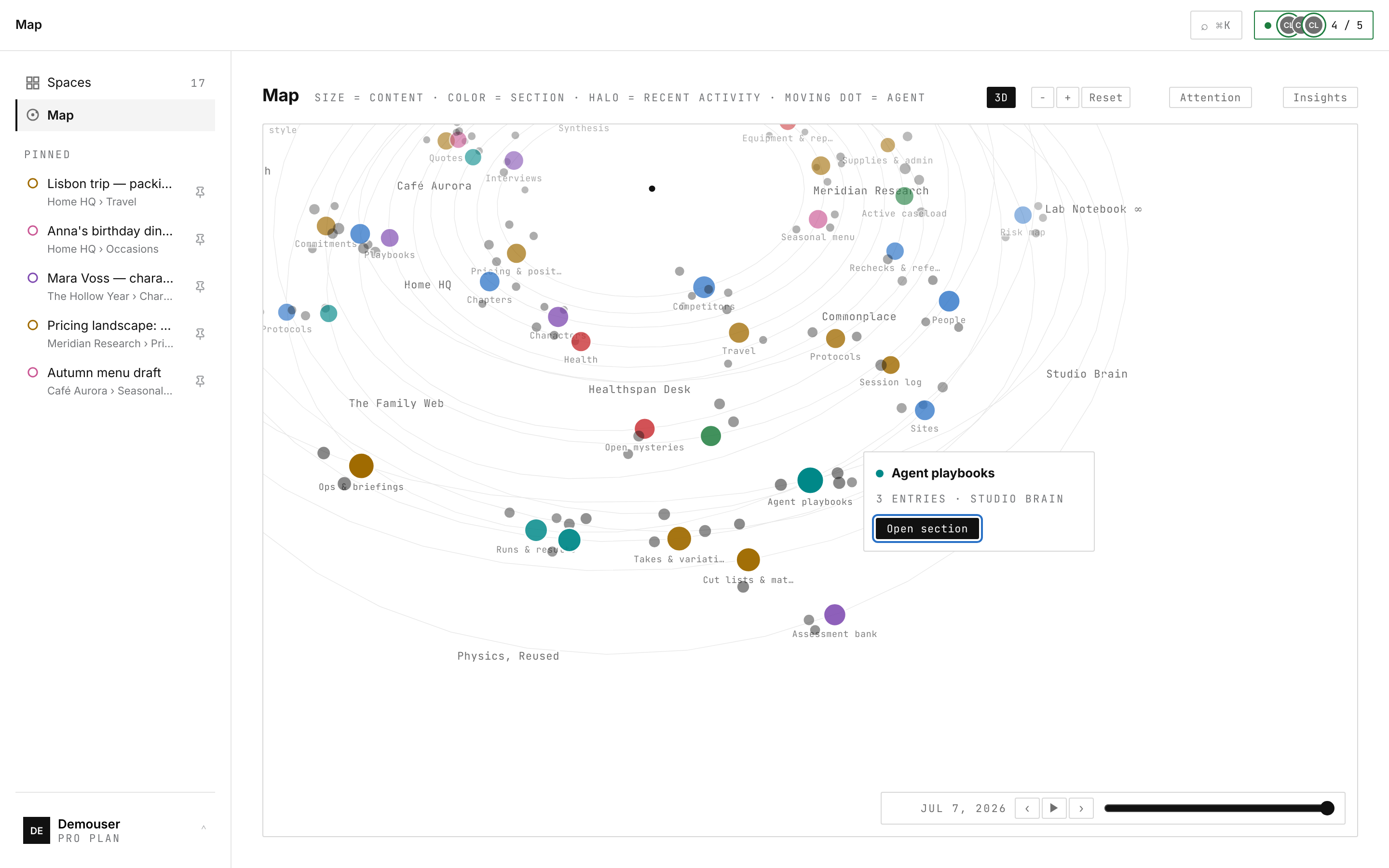 The whole studio as a 3D orbital map, with Studio Brain's Agent playbooks section in focus.