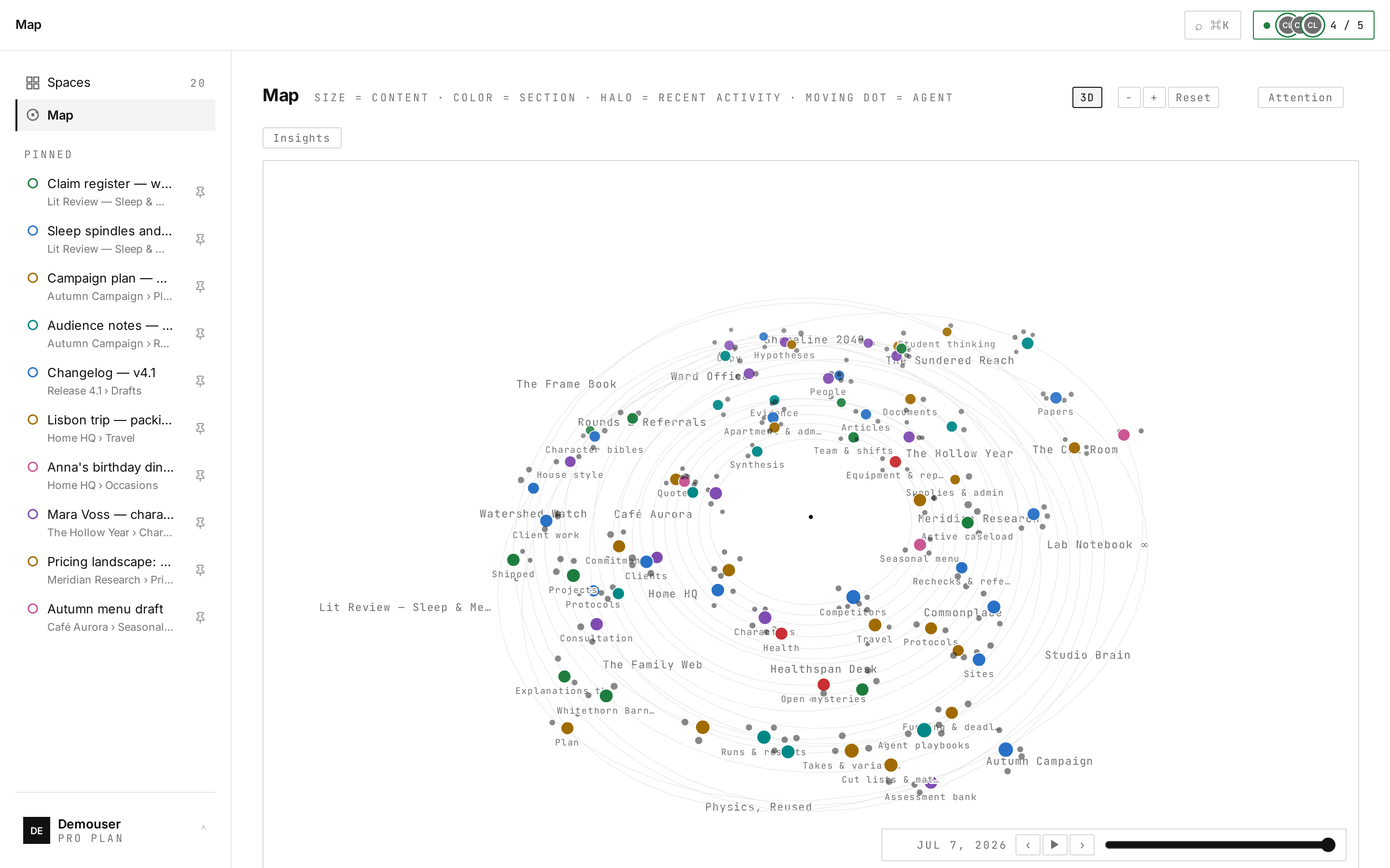 The whole memory as one map — every ring a space, every dot an entry, months of decisions in view.