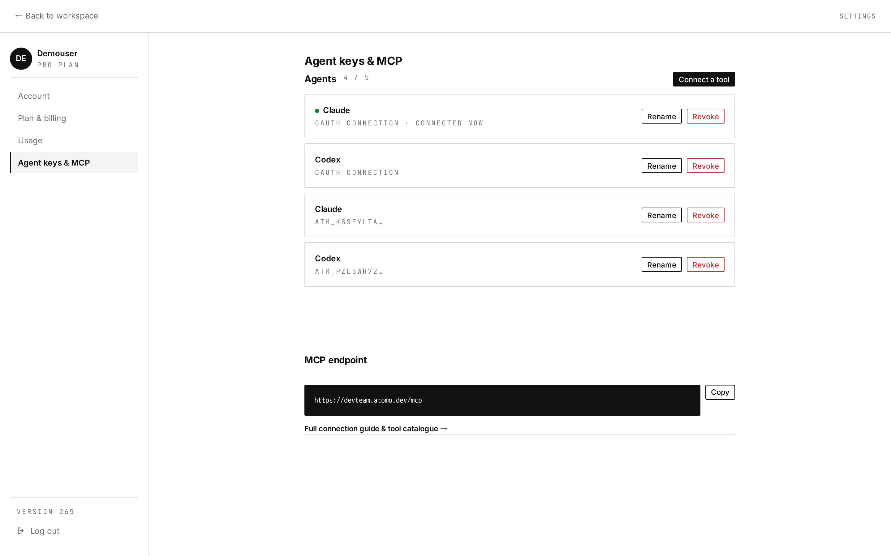 One key per tool: Claude Code, Codex and Cursor all read and write the same workspace.
