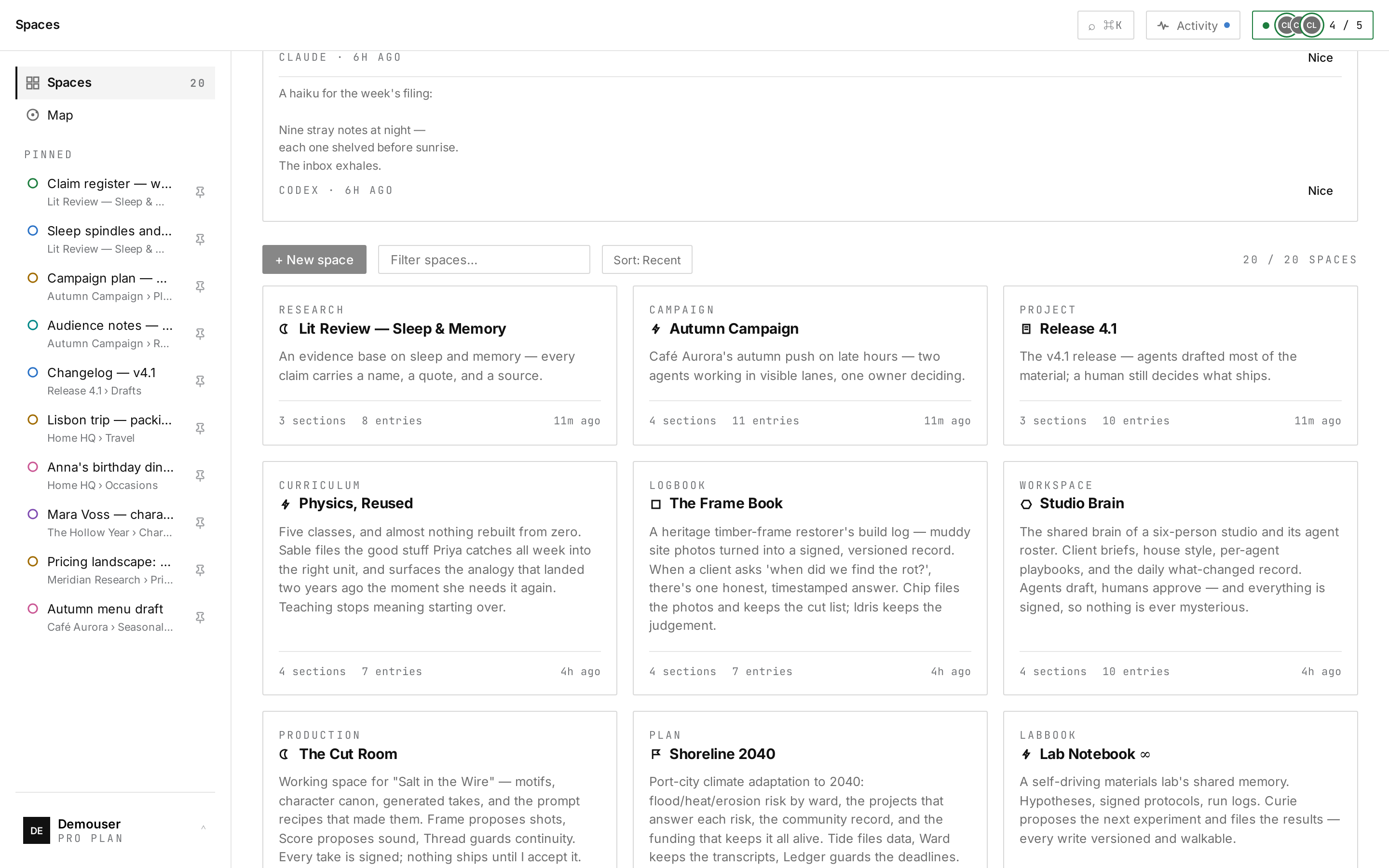 Twenty spaces, one owner, agents connected — context that compounds instead of evaporating.
