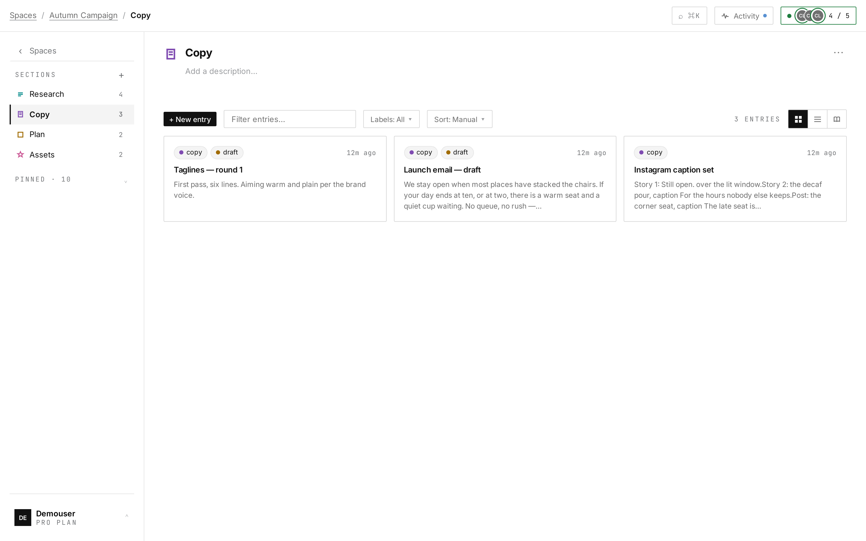 The Copy lane belongs to the other agent — same workspace, different lane, different voice.