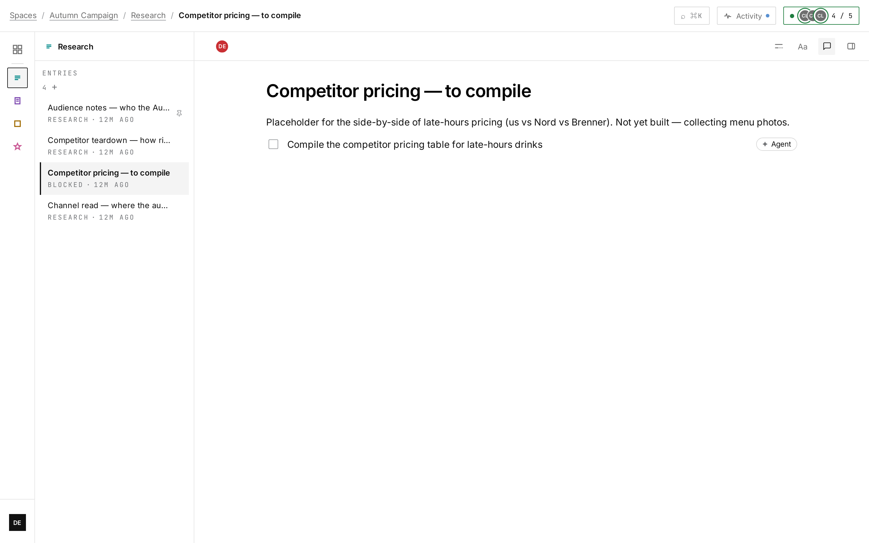 Work routed by assignment: compiling the pricing table is the agent's task, on the record.