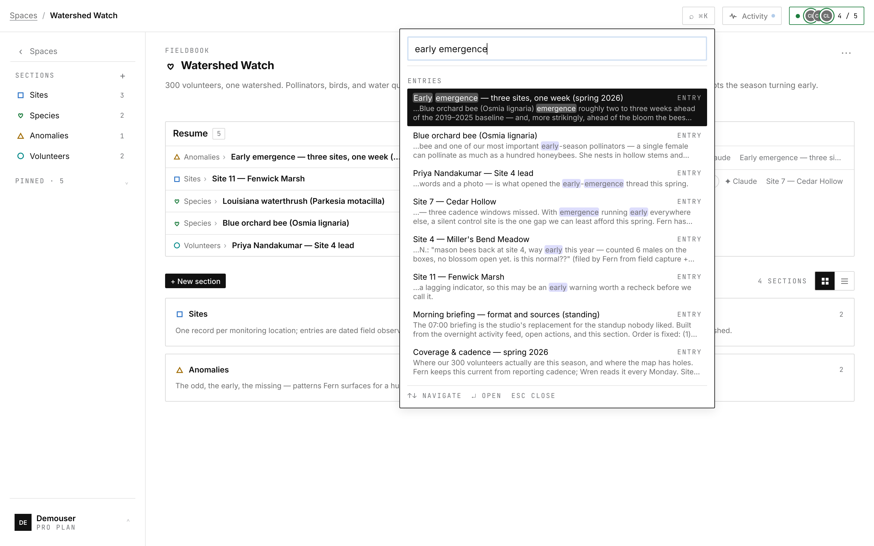 Workspace search from ⌘K — 'early emergence' pulls the anomaly entry, species pages and site logs with highlighted excerpts, straight over the space view.